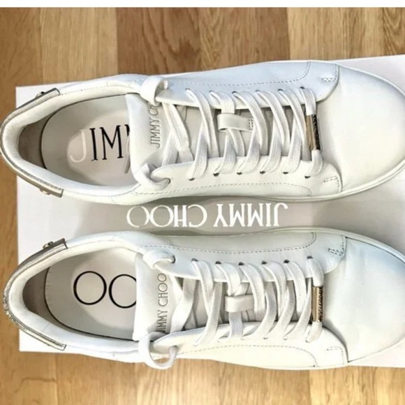 Jimmy Choo Rome/F White Calf Leather and Champagne Metallic Trainers Sneakers 37 - Picture 2 of 3